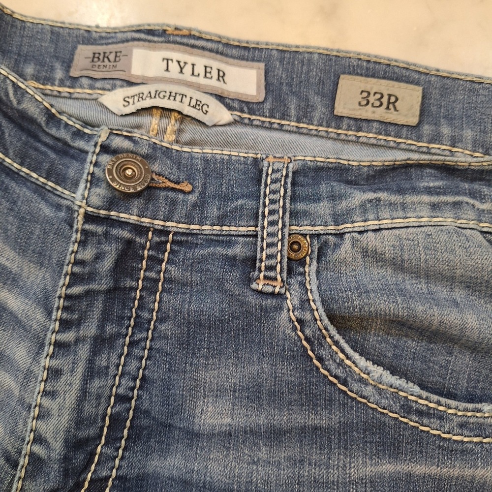 BKE Tyler Straight Leg Jeans‎ Mens 33R Medium Wash Contrast Stitch Denim Casual
